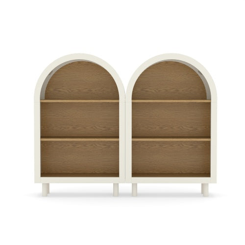 Set of 2 White Woodgrain 3-Tier Elegant Arched Top Storage Bookcase