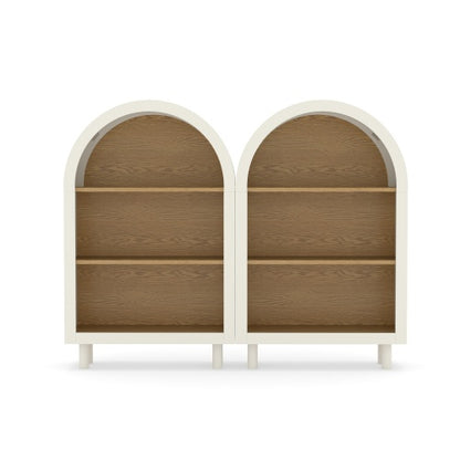 Set of 2 White Woodgrain 3-Tier Elegant Arched Top Storage Bookcase