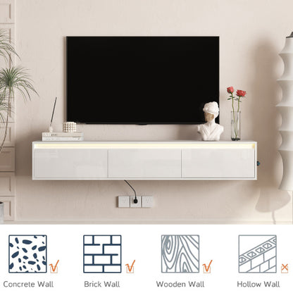 White Wall Mount High Gloss Floating TV Cabinet with Touch LED Light & Power Outlet