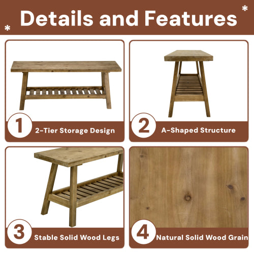 43inch  Farmhouse Wood Bench, 2-Tier Entryway Bench, Narrow Rustic Storage Bench with Open Storage Shelf for Entryway, Hallway, Living Room, Bedroom, Kitchen, Dining (Distressed Wood Color)