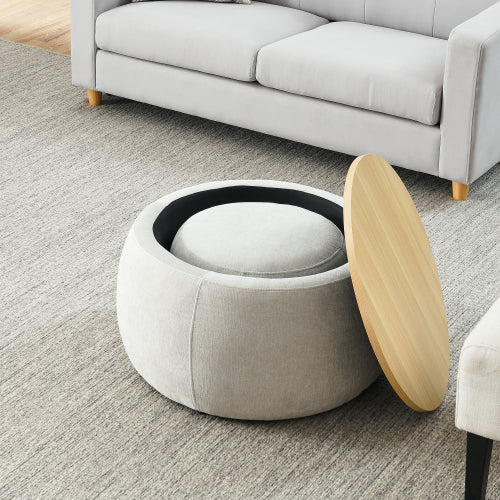 Light Grey Round Pleated Fabric Storage Ottoman with Built-In Stool, 25 inch x25 inch x14.7 inch, 250 LBS Weight Capacity