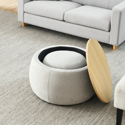 Light Grey Round Pleated Fabric Storage Ottoman with Built-In Stool, 25 inch x25 inch x14.7 inch, 250 LBS Weight Capacity