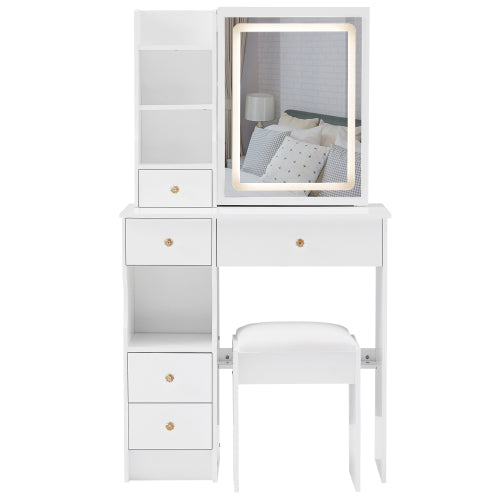 29.2 inch  Small Vanity Table w/ LED Mirror, Left Drawer, 3-Color Dimmable Light & Stool