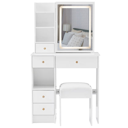 29.2 inch  Small Vanity Table w/ LED Mirror, Left Drawer, 3-Color Dimmable Light & Stool