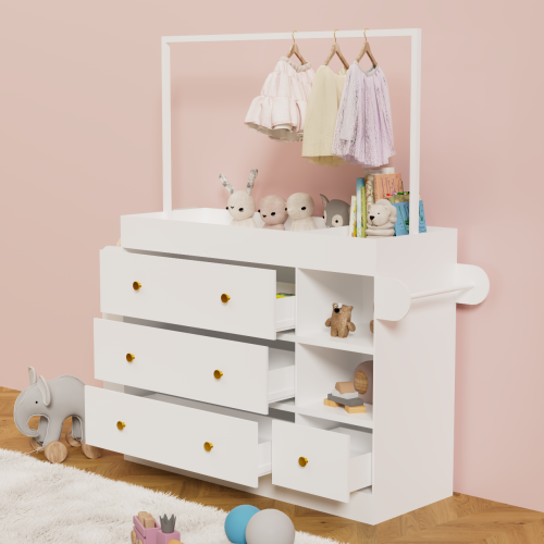 Modern Table Dresser,Baby Dressing Table with 3 extra deep Drawers and Storage Shelves and Hangers, Multi-Functional Baby Changing Table with Drying Rack for Nursery, White