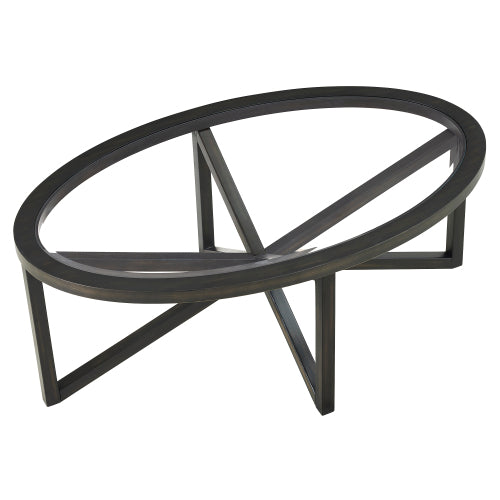 46.5 Inch Round Tempered Glass Coffee Table, Solid Wood Base Anti-Scratch Accent Table for Living Room & Terrace