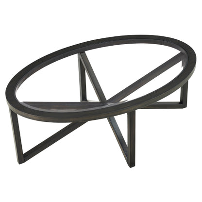 46.5 Inch Round Tempered Glass Coffee Table, Solid Wood Base Anti-Scratch Accent Table for Living Room & Terrace