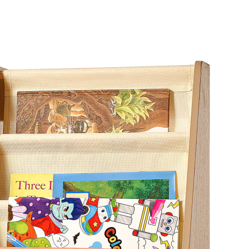 4-Tier Wooden Kids Bookshelf with Sling Book Rack for Playroom