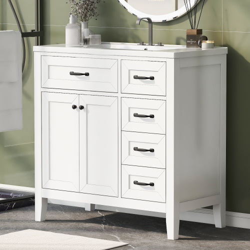 36" Bathroom Vanity with Sink Combo, White Bathroom Cabinet with Drawers, Solid Frame and MDF Board (Old Sku:JL000007AAK)
