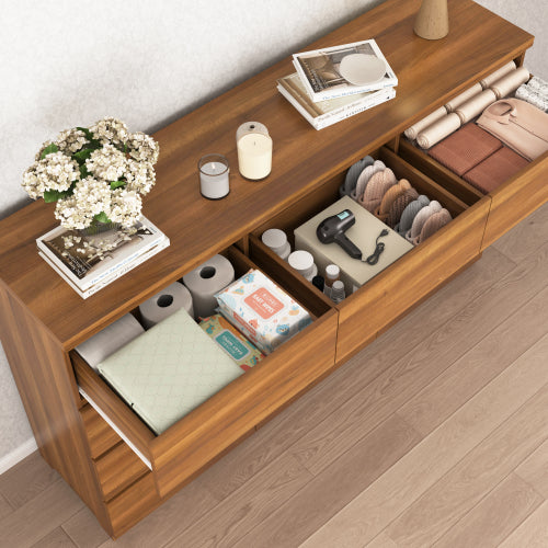 12 Drawers Double Dresser, Modern Wood Dresser Chest of Drawers with Large Storage Space for Bedroom, Walnut