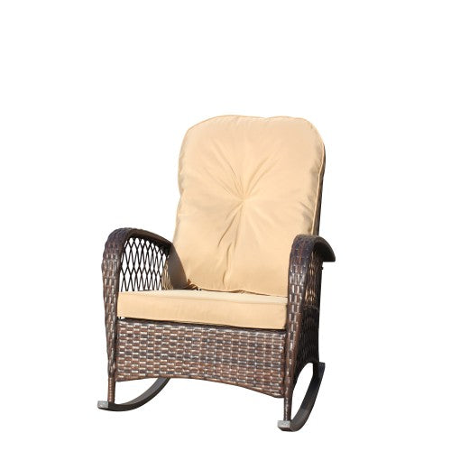 Outdoor Wicker Rocking Chair with Wide Seat, Thick, Soft Cushion, Rattan Rocker w/Steel Frame, High Weight Capacity for Patio, Garden, Backyard, Shallow brown Cushion