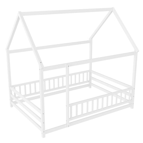 Full Size Floor Wooden Bed with House Roof Frame, Fence Guardrails,White