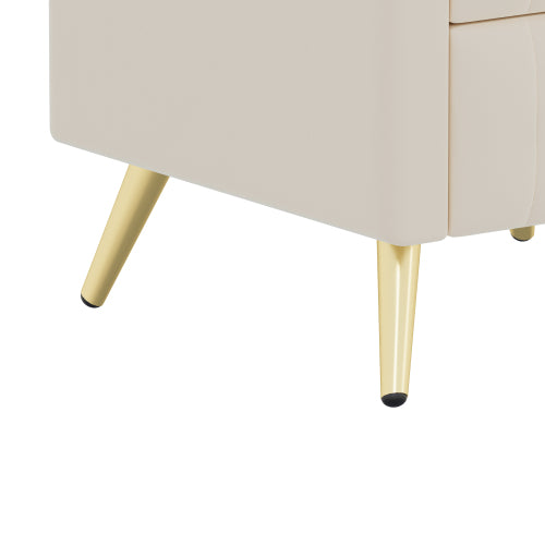 Upholstered Wooden Nightstand with 3 Drawers and Metal Legs&Handles, Bedside Table with Marbling Stickers Worktop - Beige