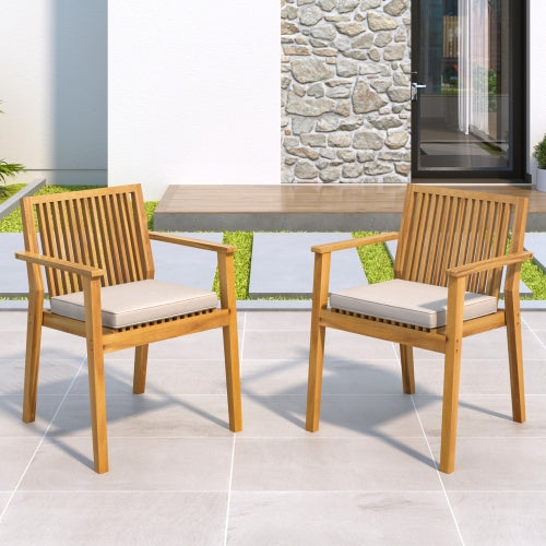 Patio Dining Chair Set of 2 - Sturdy Acacia Wood, Comfortable Waterproof Seating, 400 lbs Capacity, Natural Color Frame