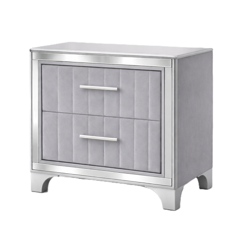 Contemporary Acrylic Nightstand with Two Drawers, Upholstered Bedside Table Featuring Silver Metal Legs, Modern End Table for Bedroom or Living Space (22.64inch  W x 15.75inch  D x 24.13inch  H)