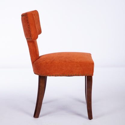 Set of 2 Orange Linen Mid-Century Farmhouse Dining Chairs, Copper Nail Curved Back Walnut Solid Wood Legs 300lbs Capacity