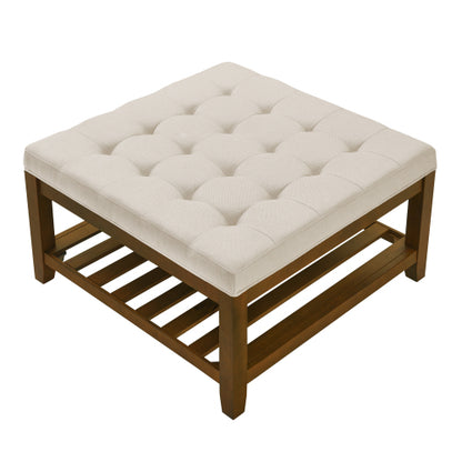 Upholstered Coffee Table Tufted Linen Large Square Ottoman with Beech Wood Shelf and Frame, Oversized Footrest Ottoman for Living Room,Office,Bedroom,Outdoor IVORY