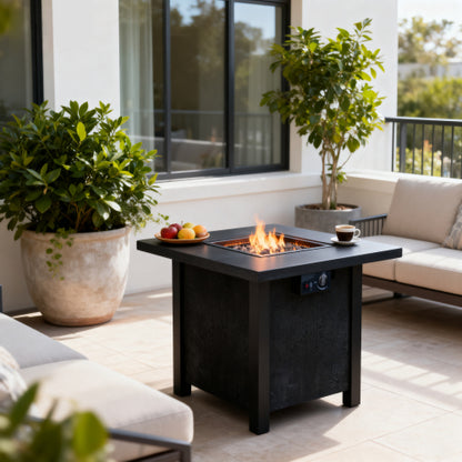 25" H Outdoor Patio Propane Gas Fire Pit Table - 50,000 BTU High-temperature-resistant carving process for environmentally friendly materials with the effect of rattan weaving grain