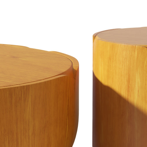 Round Outdoor Indoor Coffee Table Set, Modern Wood Grain Drum Center Table Set, Sturdy MGO (Magnesium Oxide) Waterproof, No-Assembly Table for Patio, Garden, Backyard, Living Room,Wood Color(Set of 2)