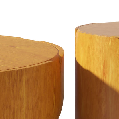 Round Outdoor Indoor Coffee Table Set, Modern Wood Grain Drum Center Table Set, Sturdy MGO (Magnesium Oxide) Waterproof, No-Assembly Table for Patio, Garden, Backyard, Living Room,Wood Color(Set of 2)