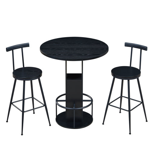 3-Piece Bar Table and Stool Set 31.5-inch round bar table with two stools Compact wooden dining bar with metal ring footrest Ideal for restaurants, cafes, bars, living rooms, and small spaces,Black
