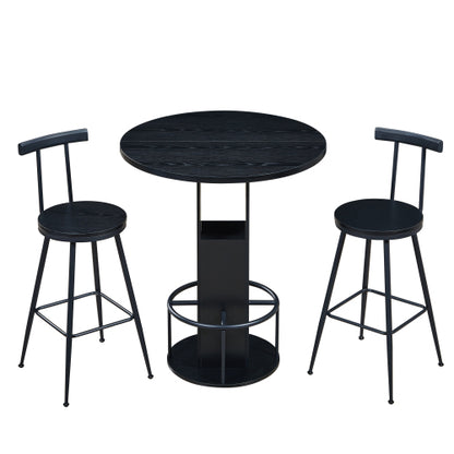 3-Piece Bar Table and Stool Set 31.5-inch round bar table with two stools Compact wooden dining bar with metal ring footrest Ideal for restaurants, cafes, bars, living rooms, and small spaces,Black