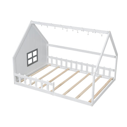 Full Size Wood House Bed with Window and Fence, White