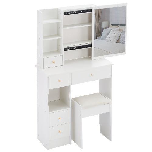 29.2" Small Space Left Drawer Desktop Vanity Table + Cushioned Stool, Extra Large Right sliding mirror, Multi Layer High Capacity Storage, Practical Fashionable Dresser, Suitable For Small Space