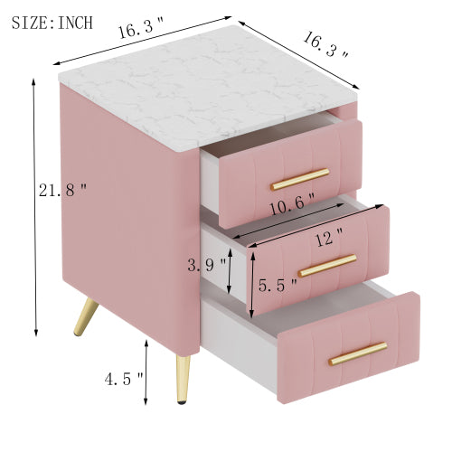 Upholstered Wooden Nightstand with 3 Drawers and Metal Legs&Handles, Bedside Table with Marbling Stickers Worktop - Pink
