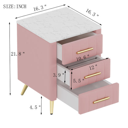 Upholstered Wooden Nightstand with 3 Drawers and Metal Legs&Handles, Bedside Table with Marbling Stickers Worktop - Pink