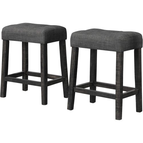 3-Piece Charcoal Black Counter Height Dining Set, Solid Wood Table with Outlet & 2 Tufted Linen Stools