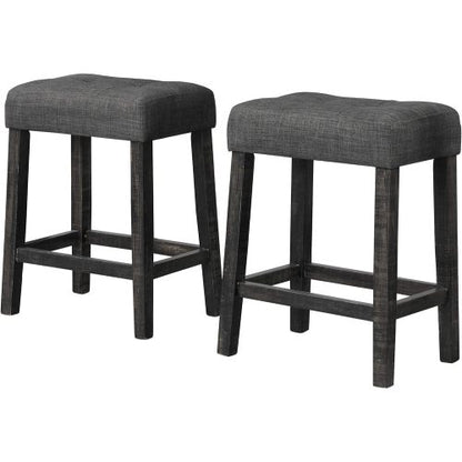 3-Piece Charcoal Black Counter Height Dining Set, Solid Wood Table with Outlet & 2 Tufted Linen Stools