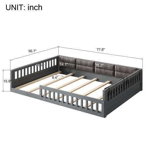 Wood Full Size Upholstered Platform Bed with Guardrail and Pillow, Gray