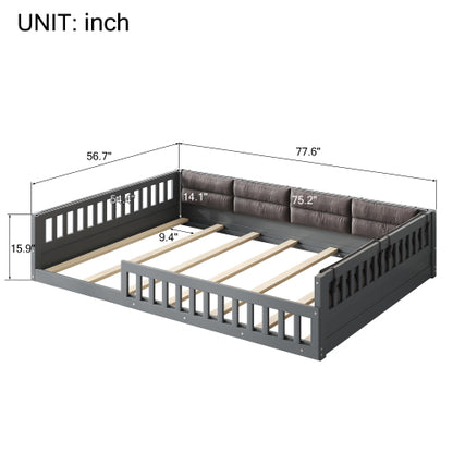 Wood Full Size Upholstered Platform Bed with Guardrail and Pillow, Gray