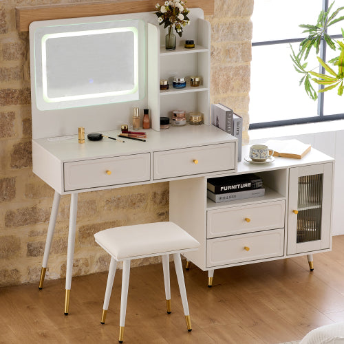 White Expandable Vanity Desk with LED Lighted Mirror, Adjustable Position Side Cabinet, Power Strip & Storage Drawers