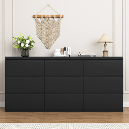 9 Drawer Dresser with No Handle Design, Modern Black Matte Wood Dresser for Bedroom, Storage Chest of Drawers for Living Room, Hallway, Entryway