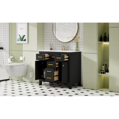 36'' Bathroom Vanity with Ceramic Sink Combo Set,Modern Freestanding Single Bathroom Cabinet with 4 Drawers & 2 Cabinets,Storage Cabinet for Bathroom, Solid Wood Frame Vanity Set, Black