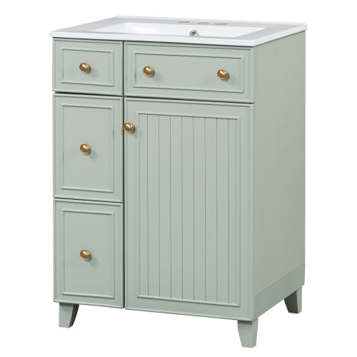 24-Inch Bathroom Vanity Cabinet with Ceramic Sink, 2 Drawers, 1 Door