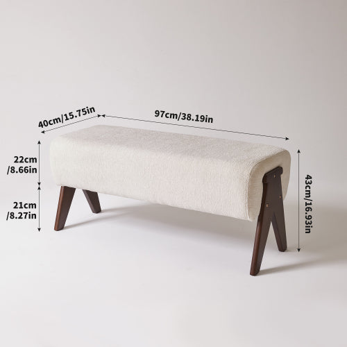 Cream Chenille Upholstered Ottoman Bench, Solid Wood V-Shaped Leg Entryway Shoe Bench for Bedroom & Foyer
