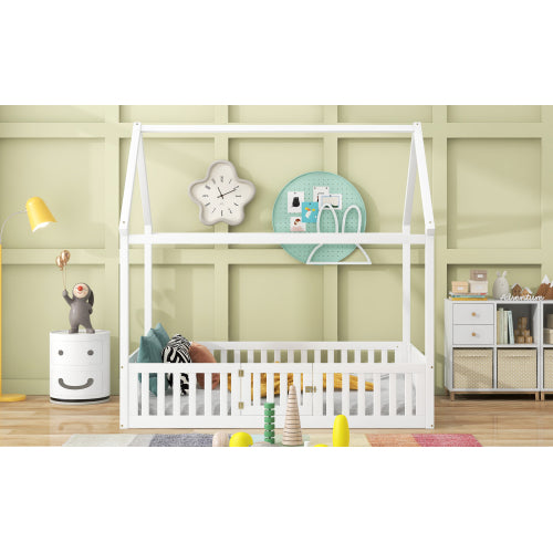 Full Size Wood House Bed with Fence and Door, White