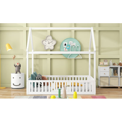 Full Size Wood House Bed with Fence and Door, White