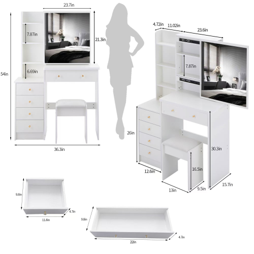 37inch  Middle Size Left Bedside Cabinet Vanity Table + Cushioned Stool, Extra Large Right sliding mirror, Multi Layer High Capacity Storage, Practical Fashionable Dresser, Suitable For Large Space