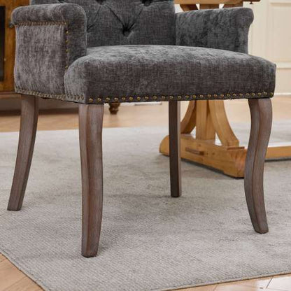 Upholstered Chenille Arm Dining Chair, Tufted Accent Chair with Curved Solid Wood Legs, Gray, Single Pack