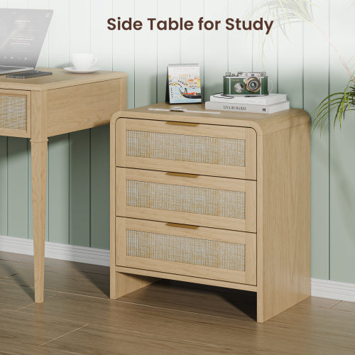 Rattan Nightstand 3 Drawers, 22.8inch  Wide Curved Wooden Bedside Table, Modern Storage for Bedroom, Natural Oak.
