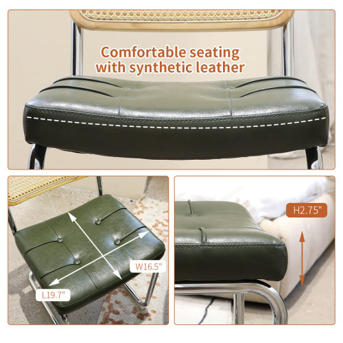 Set of 2 Dark Green Faux Leather Rattan Cantilever Dining Chairs, Chrome Tubular Steel Breuer Frame Stackable Side Chairs