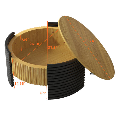 31.5inch  Round Flip-Top Coffee Table, Colorblock Striped MDF with Wood Veneer
