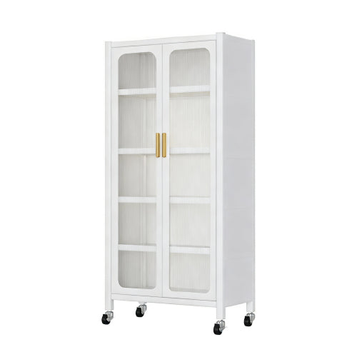 65" Kitchen Pantry Storage Cabinet, 6 Tier Metal Display Storage Cabinet with Transparent Door, Adjustable Shelves & Wheels, Food Pantries Cabinets, for Kitchen, Living Room and Dining Room, White