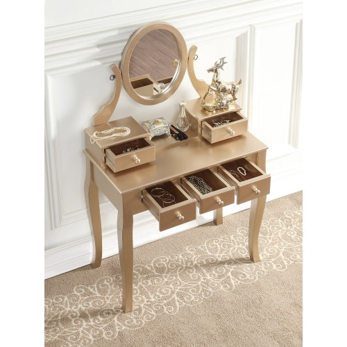 Gold Wood Makeup Vanity Table and Stool Set, 5 Lined Drawers, Adjustable Oval Mirror, 32 inch W