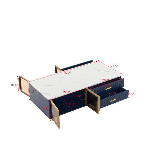 Modern Blue Coffee Table with Glass Doors Drawers LED Lighting Gold Legs