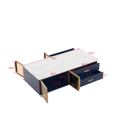 Modern Blue Coffee Table with Glass Doors Drawers LED Lighting Gold Legs